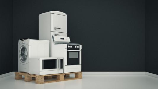 家电产品.家用厨房工艺组.冰箱, 煤气灶, 微波炉和洗衣机.3d照片